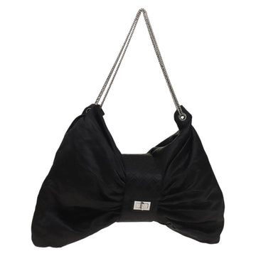 CHANEL Chain 2.55 Ribbon Shoulder Bag Satin Black Silver CC Auth 138568