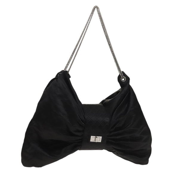 CHANEL Chain 2.55 Ribbon Shoulder Bag Satin Black Silver CC Auth 138568