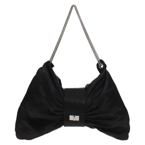 CHANEL Chain 2.55 Ribbon Shoulder Bag Satin Black Silver CC Auth 138568