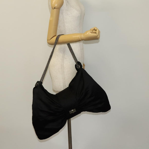 CHANEL Chain 2.55 Ribbon Shoulder Bag Satin Black Silver CC Auth 138568