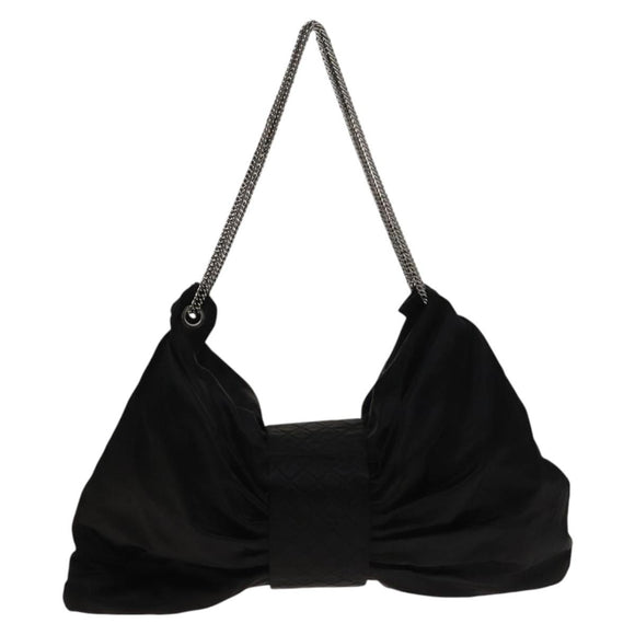 CHANEL Chain 2.55 Ribbon Shoulder Bag Satin Black Silver CC Auth 138568