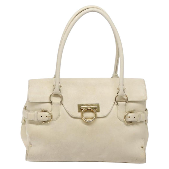 Salvatore Ferragamo Gancini Hand Bag Leather White Gold Auth 138629
