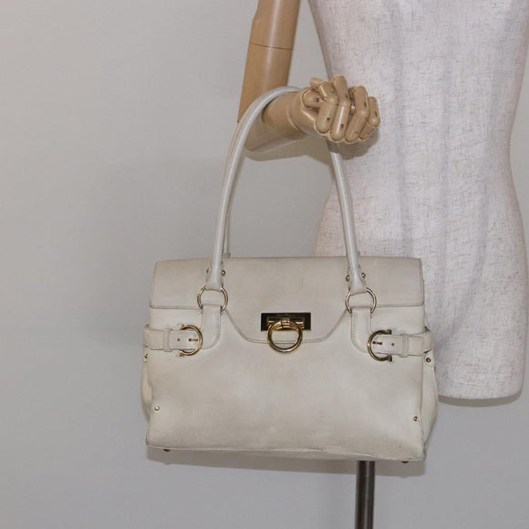 Salvatore Ferragamo Gancini Hand Bag Leather White Gold Auth 138629