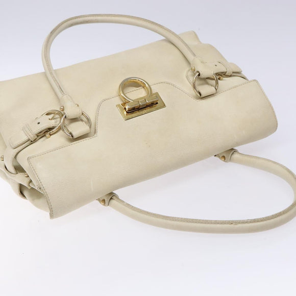 Salvatore Ferragamo Gancini Hand Bag Leather White Gold Auth 138629