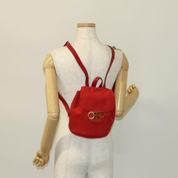 Salvatore Ferragamo Gancini Backpack Suede Red Gold Auth 138631