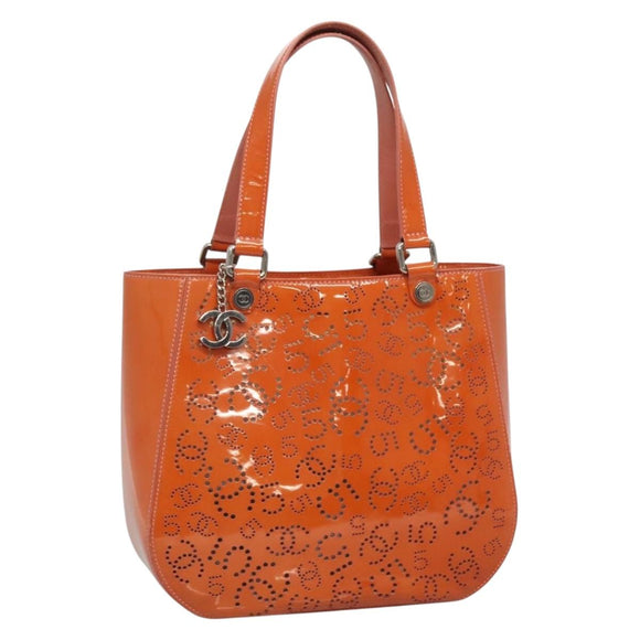 CHANEL Punching Tote Bag Enamel Orange Silver CC Auth 138790