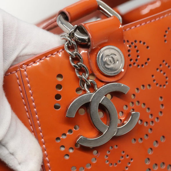 CHANEL Punching Tote Bag Enamel Orange Silver CC Auth 138790