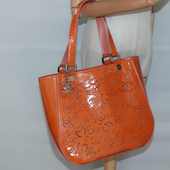 CHANEL Punching Tote Bag Enamel Orange Silver CC Auth 138790