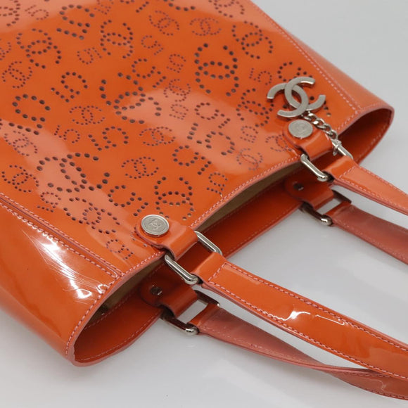 CHANEL Punching Tote Bag Enamel Orange Silver CC Auth 138790