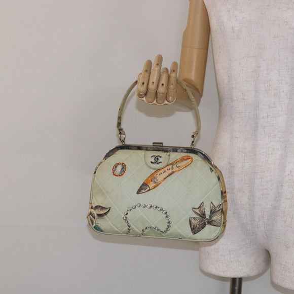 CHANEL Matelasse Hand Bag Canvas Green Silver CC Auth 138799