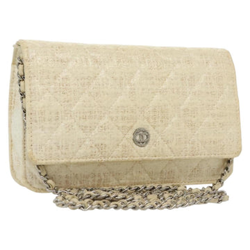 CHANEL Matelasse Chain Wallet Tweed White Silver CC Auth 138800