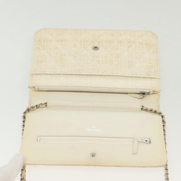 CHANEL Matelasse Chain Wallet Tweed White Silver CC Auth 138800