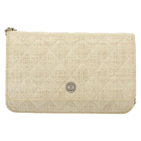 CHANEL Matelasse Chain Wallet Tweed White Silver CC Auth 138800