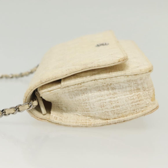 CHANEL Matelasse Chain Wallet Tweed White Silver CC Auth 138800