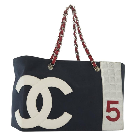 CHANEL Choco Bar Line Chain Tote Bag Canvas Navy Silver CC Auth 138802