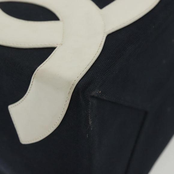 CHANEL Choco Bar Line Chain Tote Bag Canvas Navy Silver CC Auth 138802