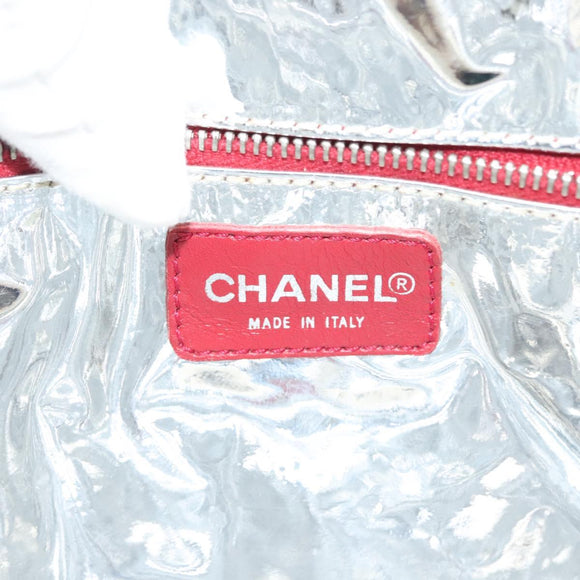 CHANEL Choco Bar Line Chain Tote Bag Canvas Navy Silver CC Auth 138802