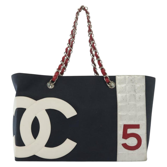 CHANEL Choco Bar Line Chain Tote Bag Canvas Navy Silver CC Auth 138802