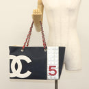 CHANEL Choco Bar Line Chain Tote Bag Canvas Navy Silver CC Auth 138802-20