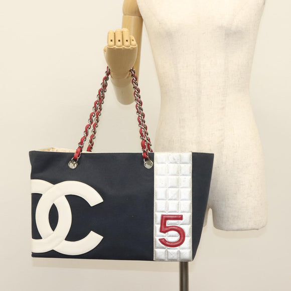 CHANEL Choco Bar Line Chain Tote Bag Canvas Navy Silver CC Auth 138802