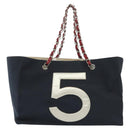 CHANEL Choco Bar Line Chain Tote Bag Canvas Navy Silver CC Auth 138802-2