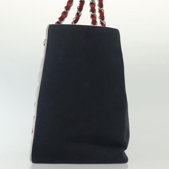 CHANEL Choco Bar Line Chain Tote Bag Canvas Navy Silver CC Auth 138802