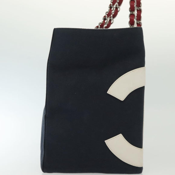 CHANEL Choco Bar Line Chain Tote Bag Canvas Navy Silver CC Auth 138802