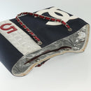 CHANEL Choco Bar Line Chain Tote Bag Canvas Navy Silver CC Auth 138802-6