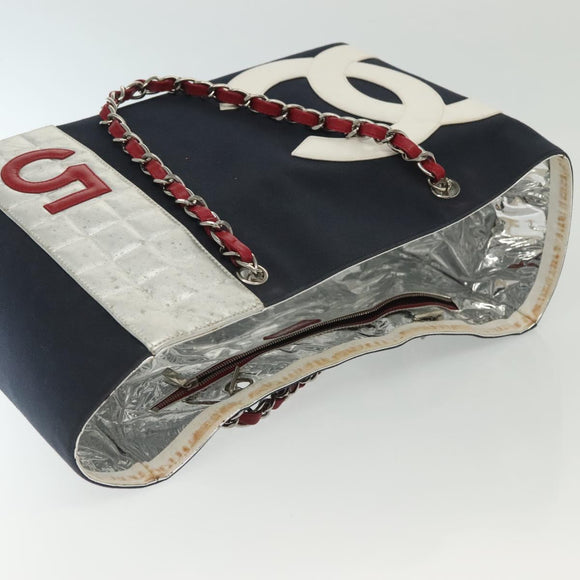 CHANEL Choco Bar Line Chain Tote Bag Canvas Navy Silver CC Auth 138802