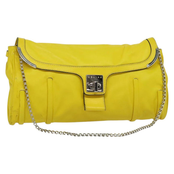 CELINE Chain Shoulder Bag Leather Yellow Silver Auth 138823