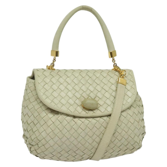 BOTTEGA VENETA INTRECCIATO Hand Bag Leather 2way White Gold Auth 138828