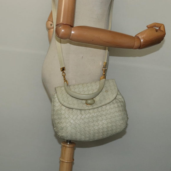 BOTTEGA VENETA INTRECCIATO Hand Bag Leather 2way White Gold Auth 138828
