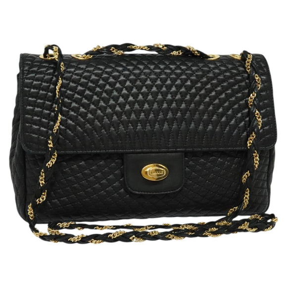 BALLY Chain Shoulder Bag Leather Black Gold Auth 138837