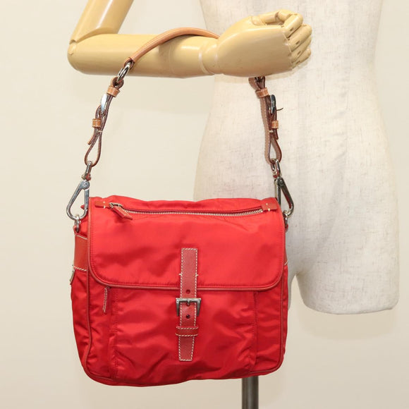 PRADA Shoulder Bag Nylon Leather Red Silver Auth 138845