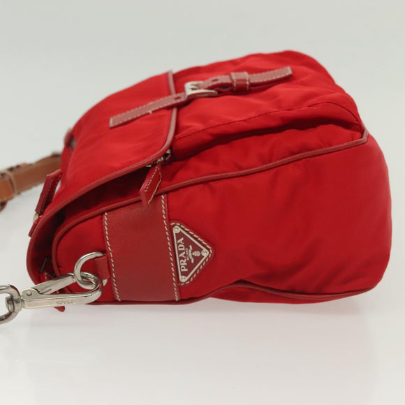 PRADA Shoulder Bag Nylon Leather Red Silver Auth 138845