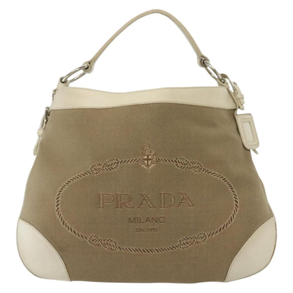 PRADA Shoulder Bag Canvas Beige Silver Auth 138851