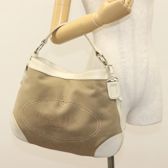 PRADA Shoulder Bag Canvas Beige Silver Auth 138851
