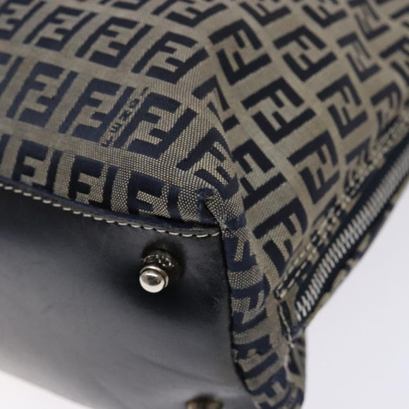 FENDI Zucchino Canvas Shoulder Bag Navy Silver Auth 138858