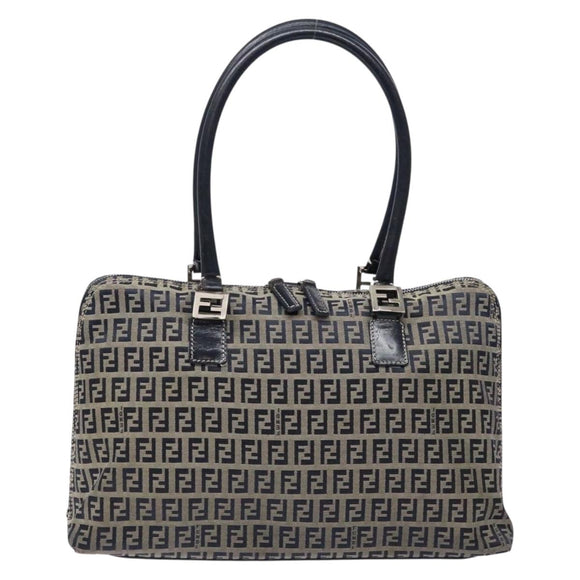 FENDI Zucchino Canvas Shoulder Bag Navy Silver Auth 138858