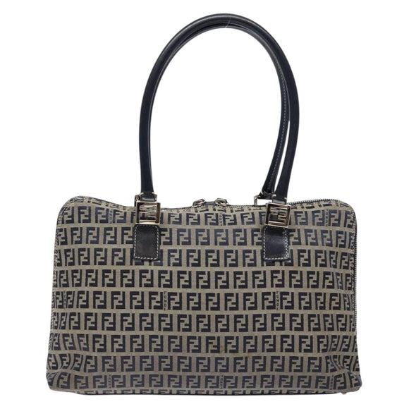 FENDI Zucchino Canvas Shoulder Bag Navy Silver Auth 138858