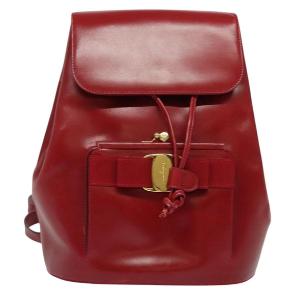 Salvatore Ferragamo Vala Backpack Leather Red Gold Auth 138862
