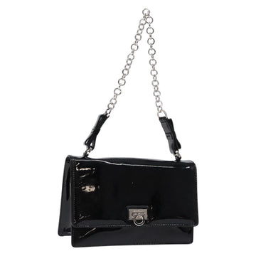 Salvatore Ferragamo Chain Gancini Shoulder Bag Enamel Black Silver Auth 138867