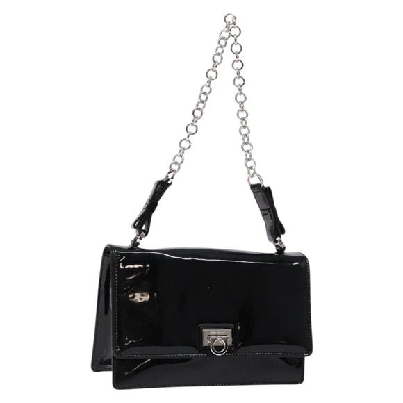 Salvatore Ferragamo Chain Gancini Shoulder Bag Enamel Black Silver Auth 138867