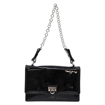 Salvatore Ferragamo Chain Gancini Shoulder Bag Enamel Black Silver Auth 138867 - 0