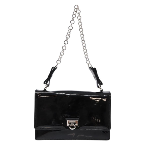 Salvatore Ferragamo Chain Gancini Shoulder Bag Enamel Black Silver Auth 138867