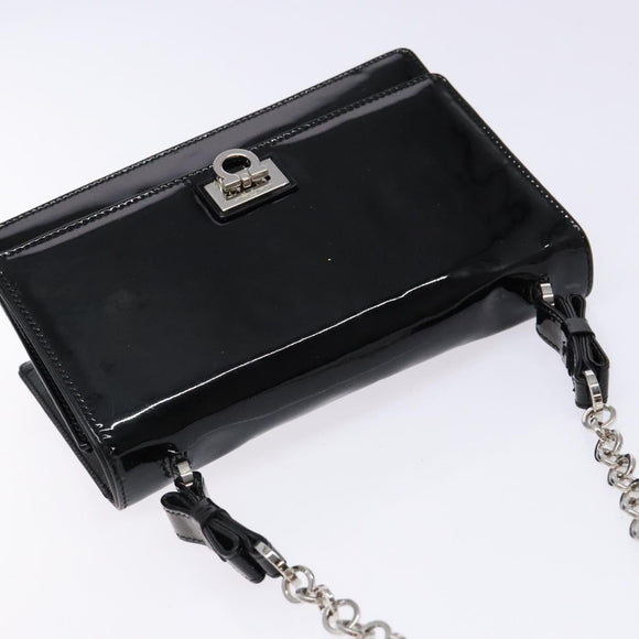 Salvatore Ferragamo Chain Gancini Shoulder Bag Enamel Black Silver Auth 138867