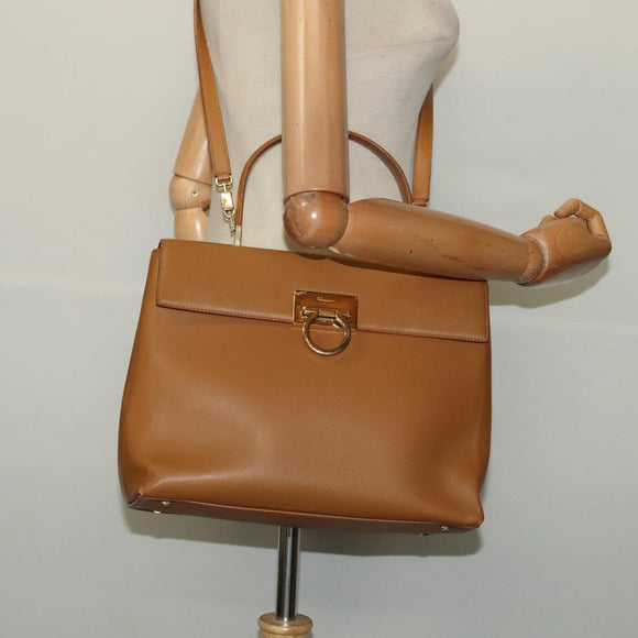 Salvatore Ferragamo Gancini Hand Bag Leather 2way Beige Gold Auth 138870