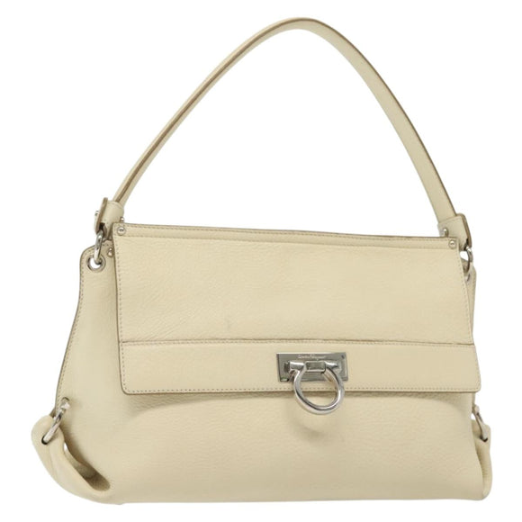 Salvatore Ferragamo Gancini Shoulder Bag Leather White Silver Auth 138871