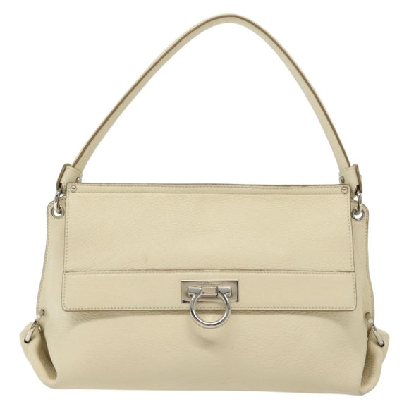 Salvatore Ferragamo Gancini Shoulder Bag Leather White Silver Auth 138871