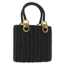 Salvatore Ferragamo Gancini Hand Bag Rattan Black Gold Auth 138876A-1